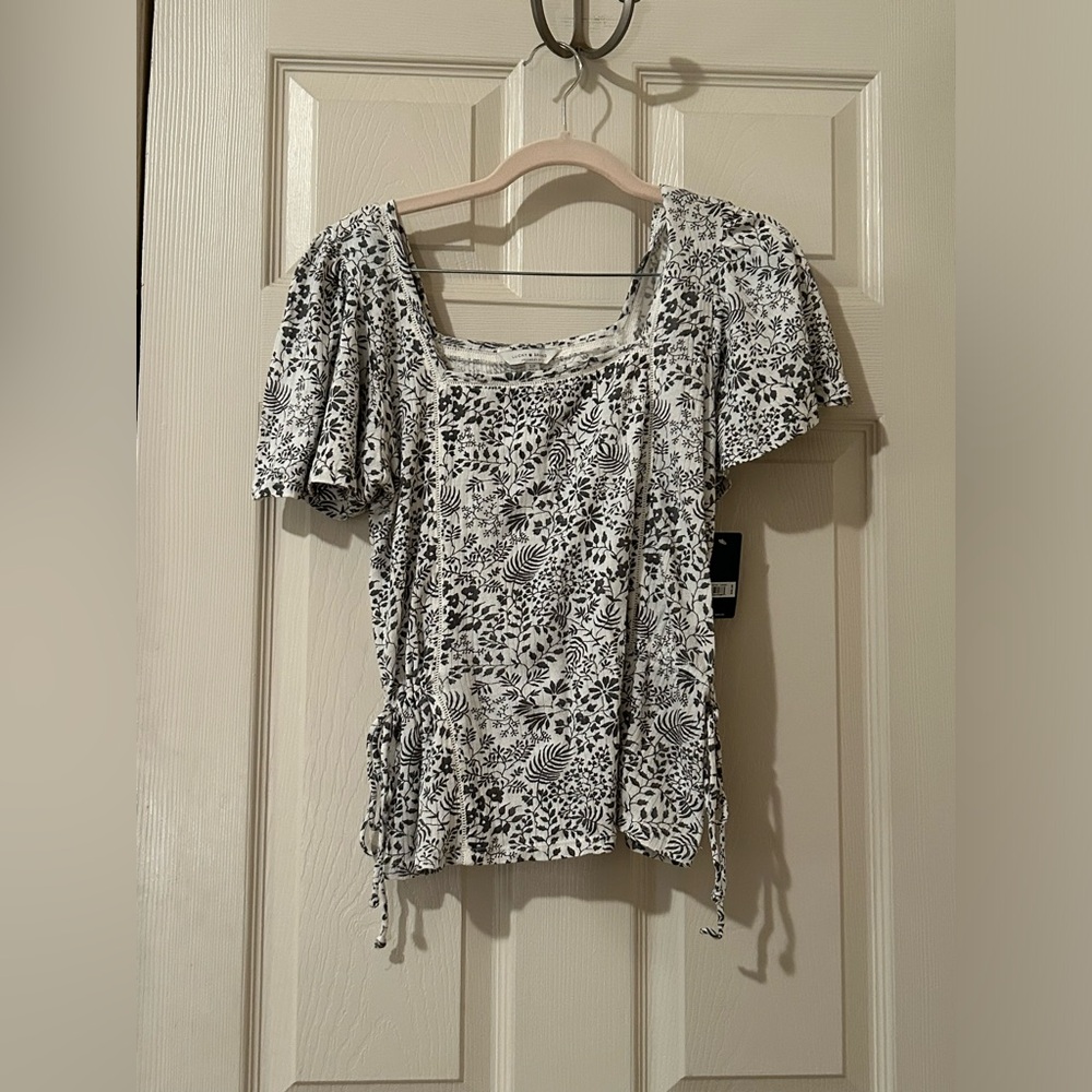 Lucky brand black and white floral square neck cotton top